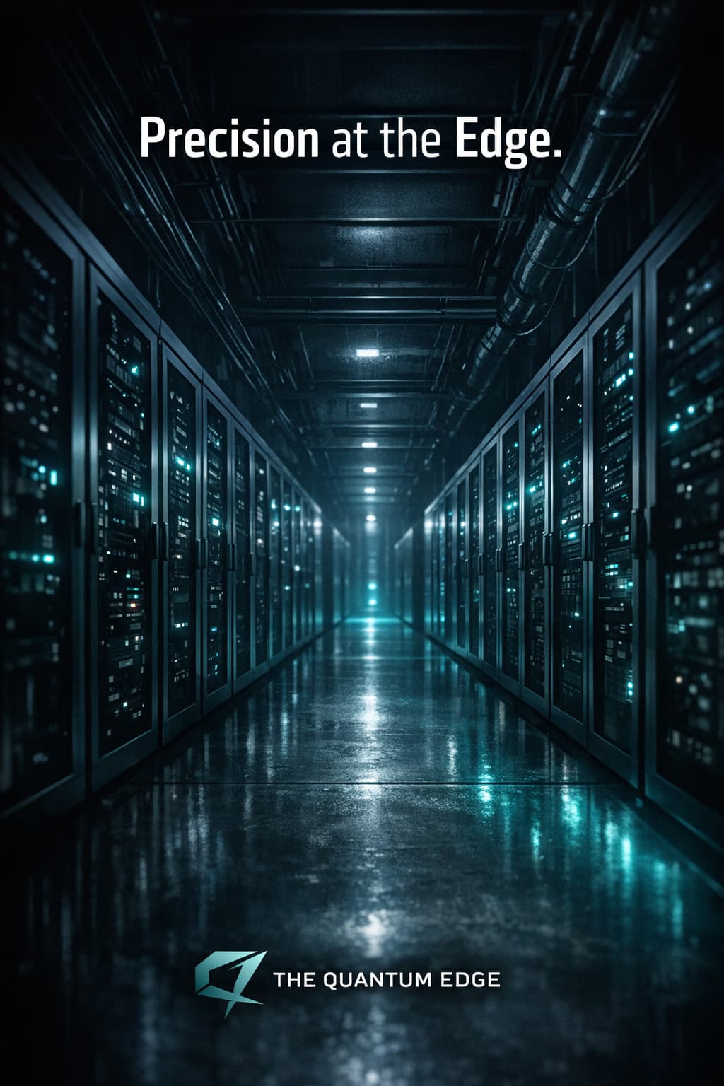 The Quantum Edge social media post — cinematic data center corridor with teal accent lighting and the headline "Precision at the Edge."