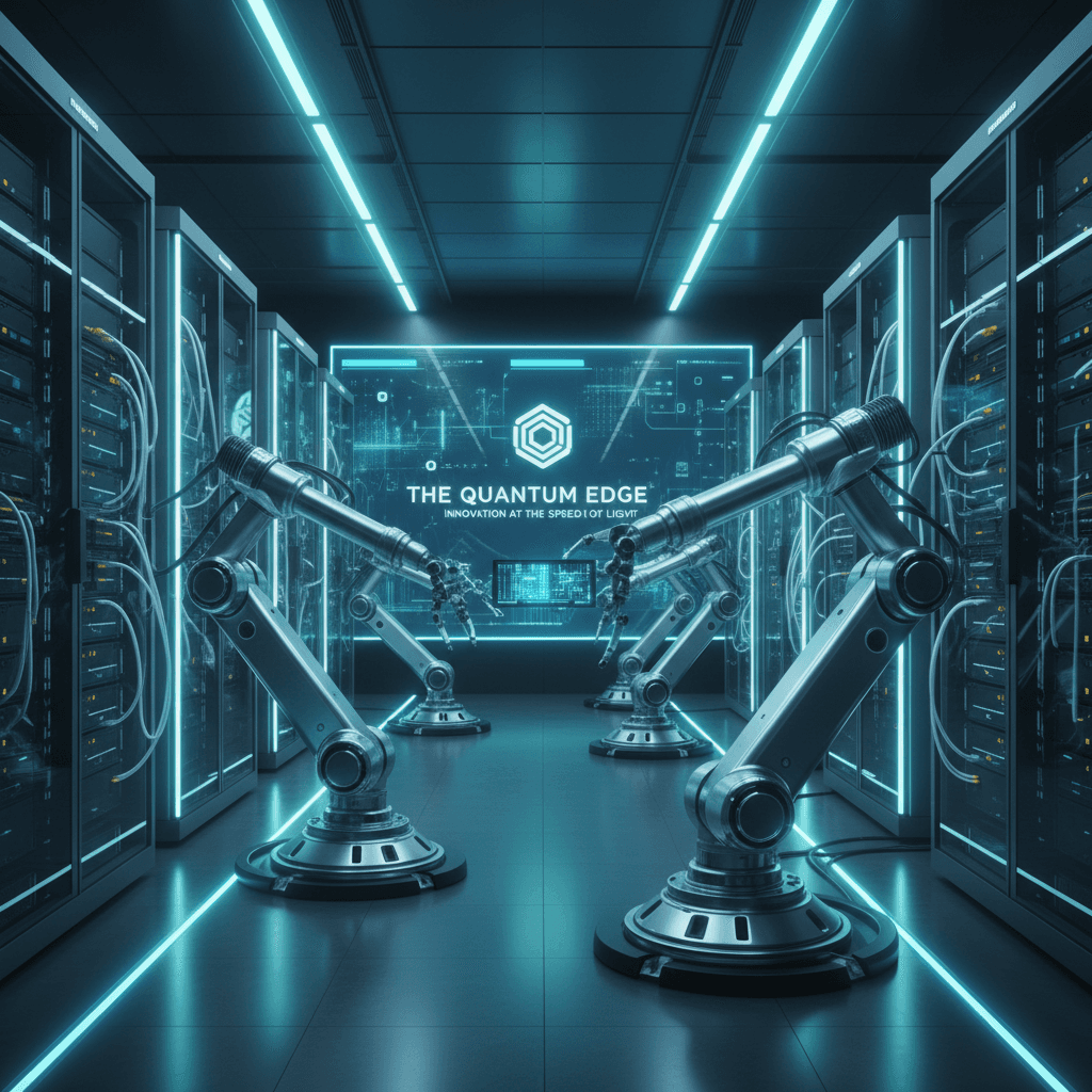 Robotic arm in a glowing data center featuring The Quantum Edge logo and slogan.