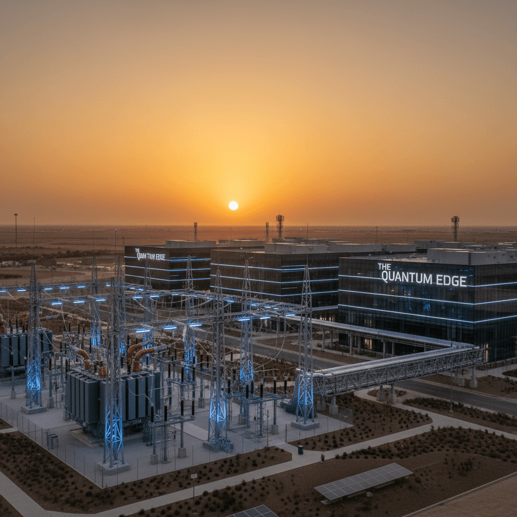 Illuminated electrical substation and industrial data center complex under a warm sunset sky.