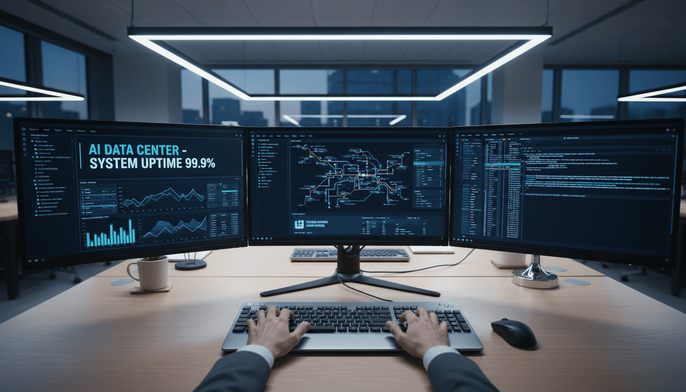 Developer typing with server dashboards and analytics on multiple monitors in a modern office.
