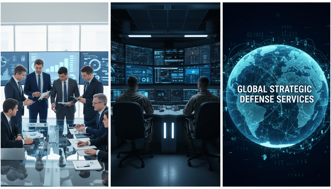 Collage of business professionals, military personnel, and global data maps illustrating strategic defense services.