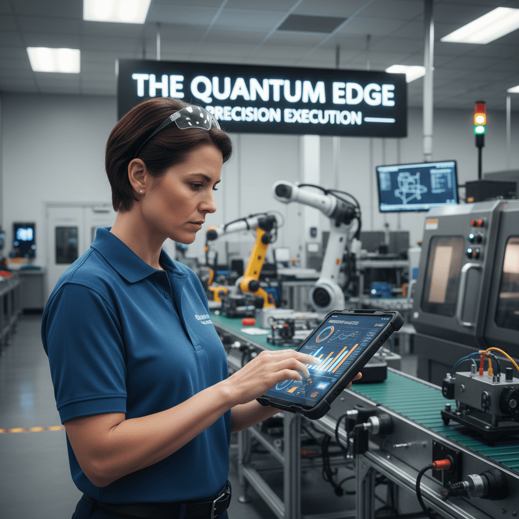 Manufacturing engineer analyzing data on tablet in a modern industrial workspace