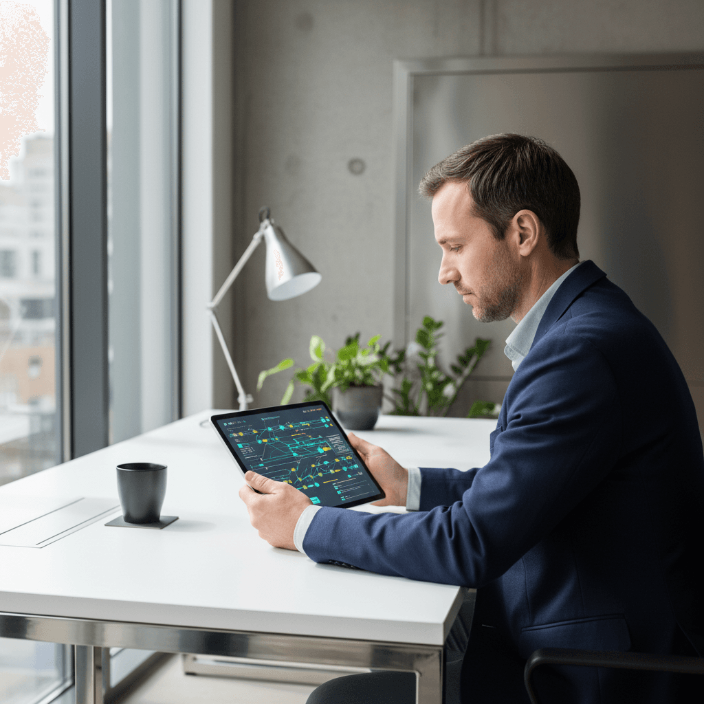 Project manager reviewing technical specifications on tablet