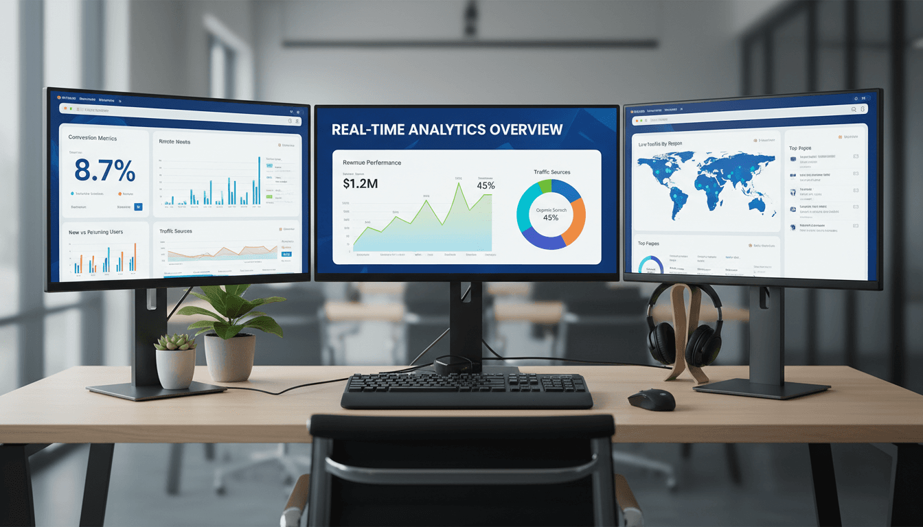 Website analytics dashboard displaying real-time conversion metrics, traffic data, and revenue performance across multiple screens