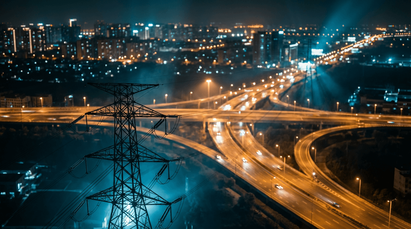 High-contrast nighttime aerial view of utility infrastructure illuminated by cool blue and warm amber bokeh lights.