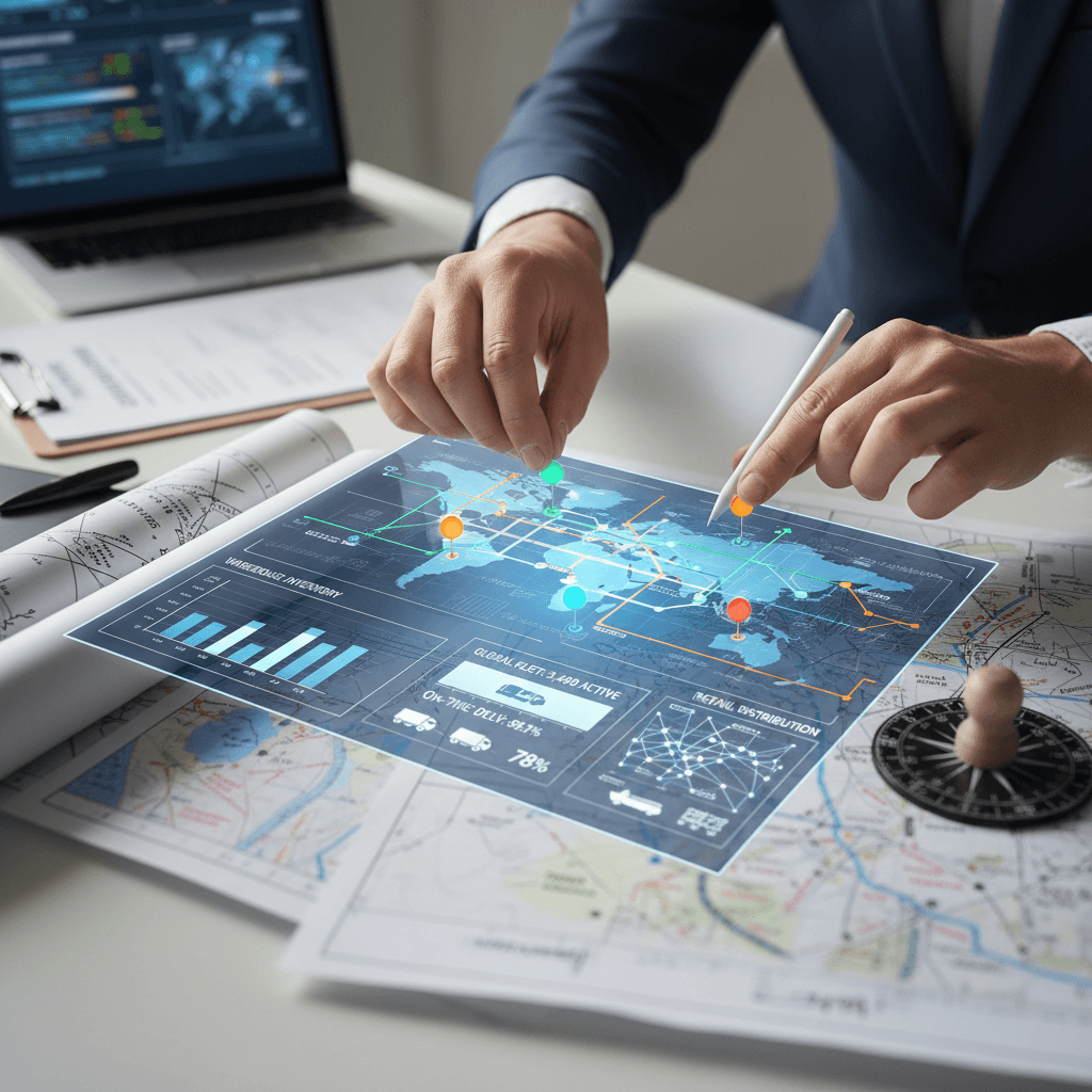 Operations manager's hands managing digital logistics dashboard showing transportation routes, inventory, and property locations integrated on screen