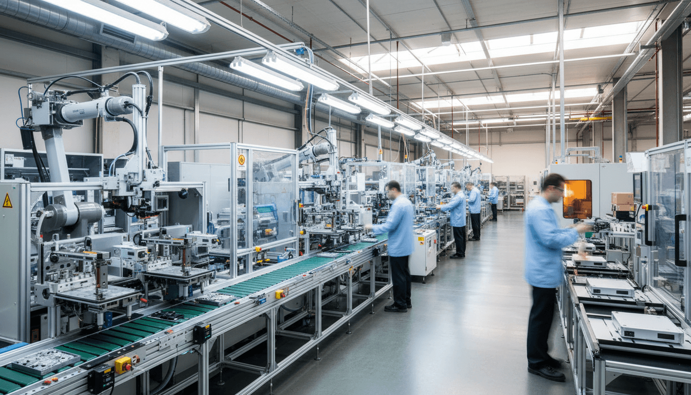 Active assembly line with multiple technicians working at fixture stations along continuous production workflow