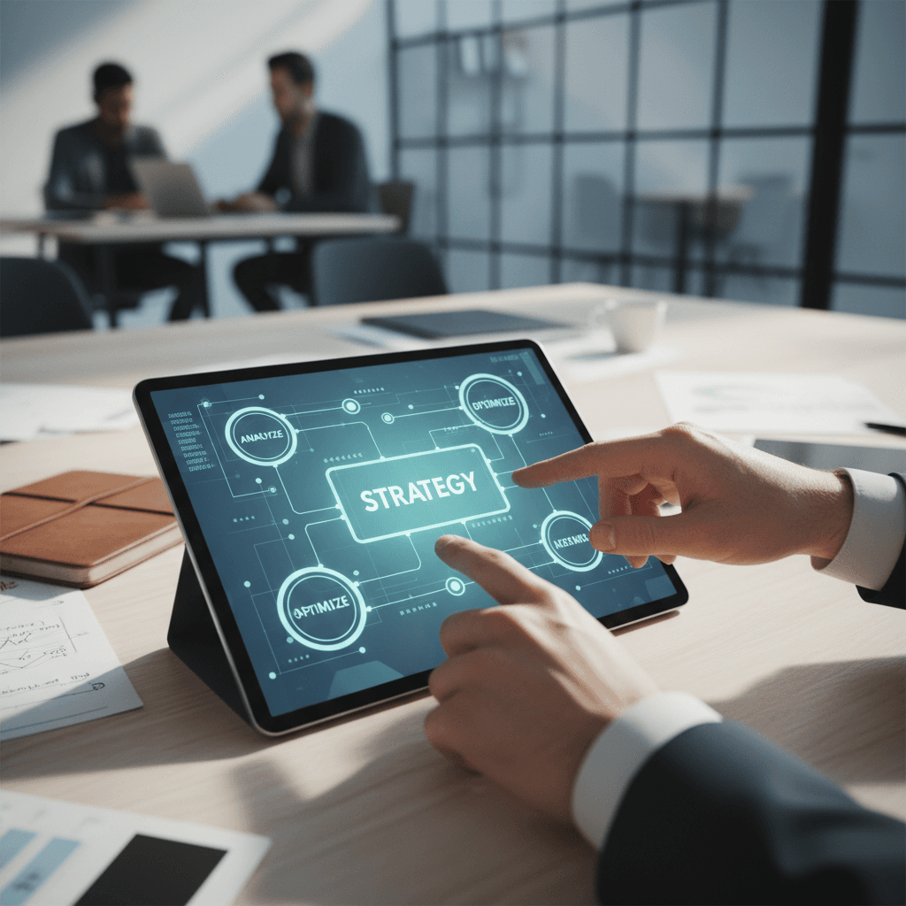 Consultant hands pointing at AI strategy diagrams on tablet during collaborative consulting session with team members in background