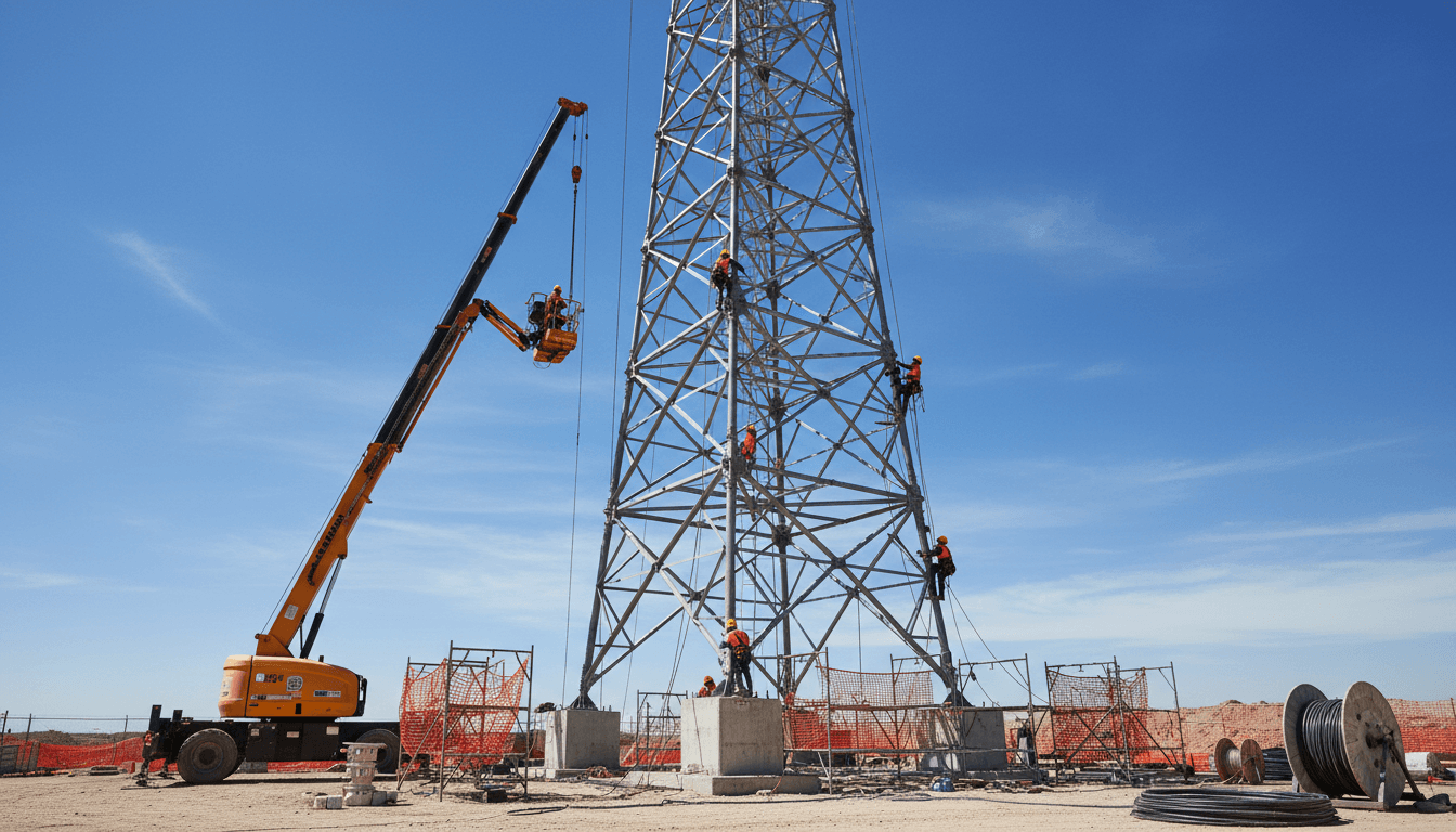 Installation of tall communication tower with construction crews and safety equipment visible