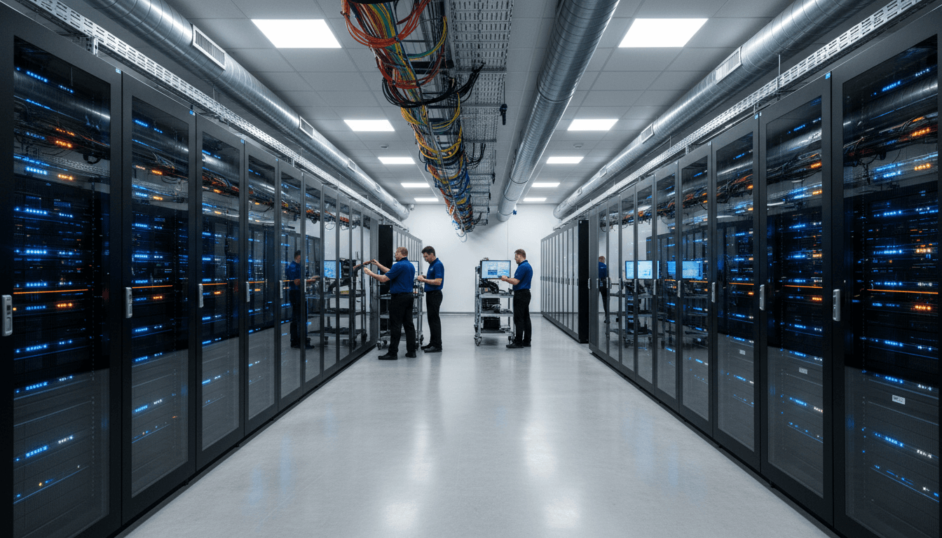 Data center with illuminated server racks, fiber optic cables, and technician performing maintenance in modern facility