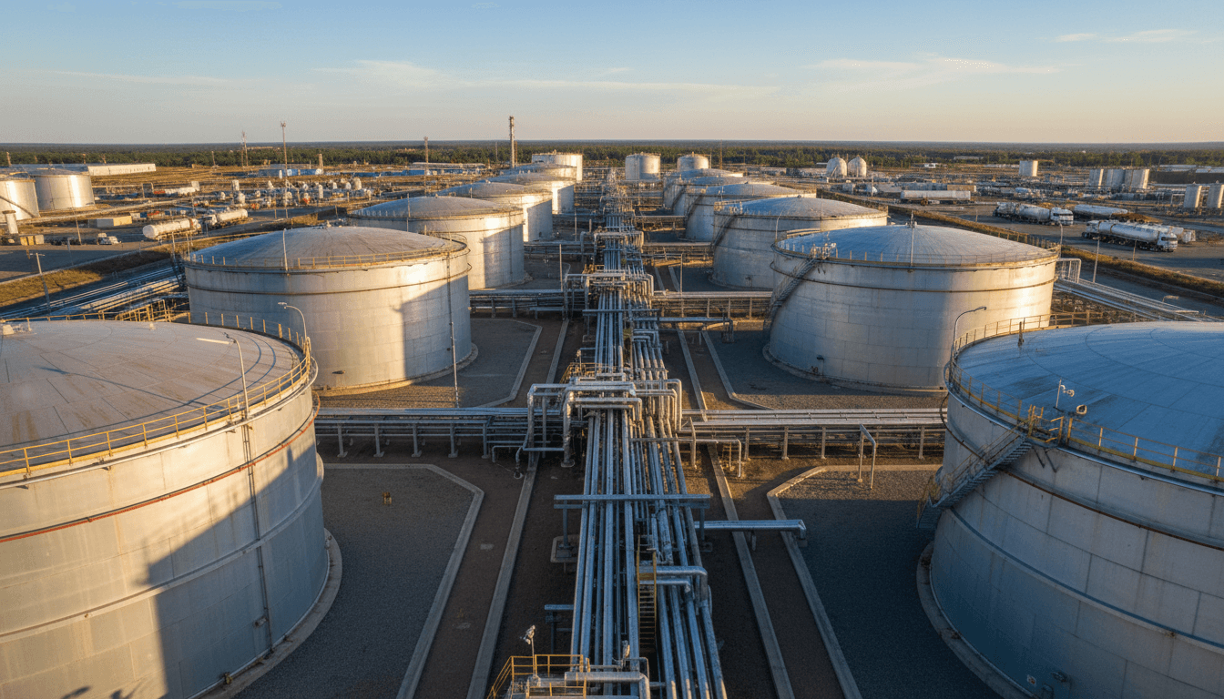 Aerial view of large petroleum storage depot with multiple cylindrical tanks and piping infrastructure at golden hour