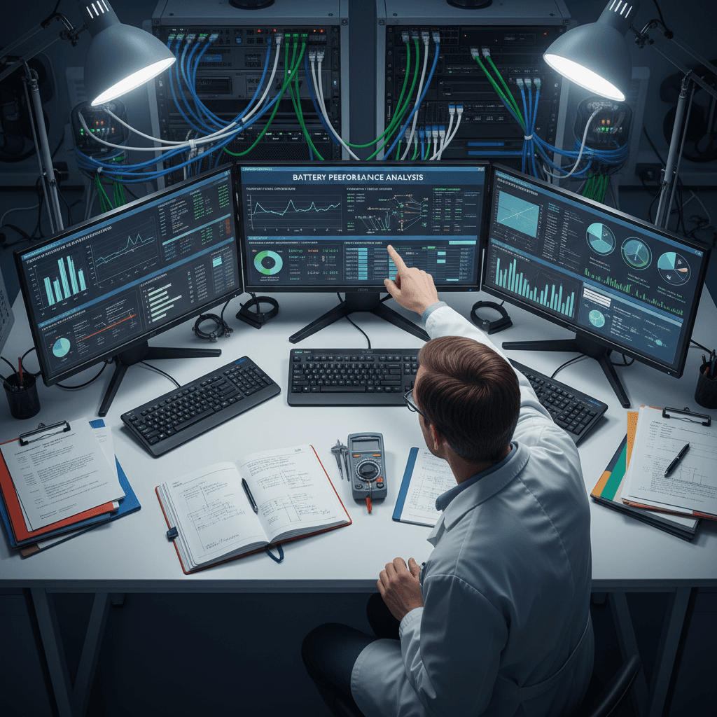 Engineer reviewing battery test data on multiple monitors with technical documentation and measurement tools