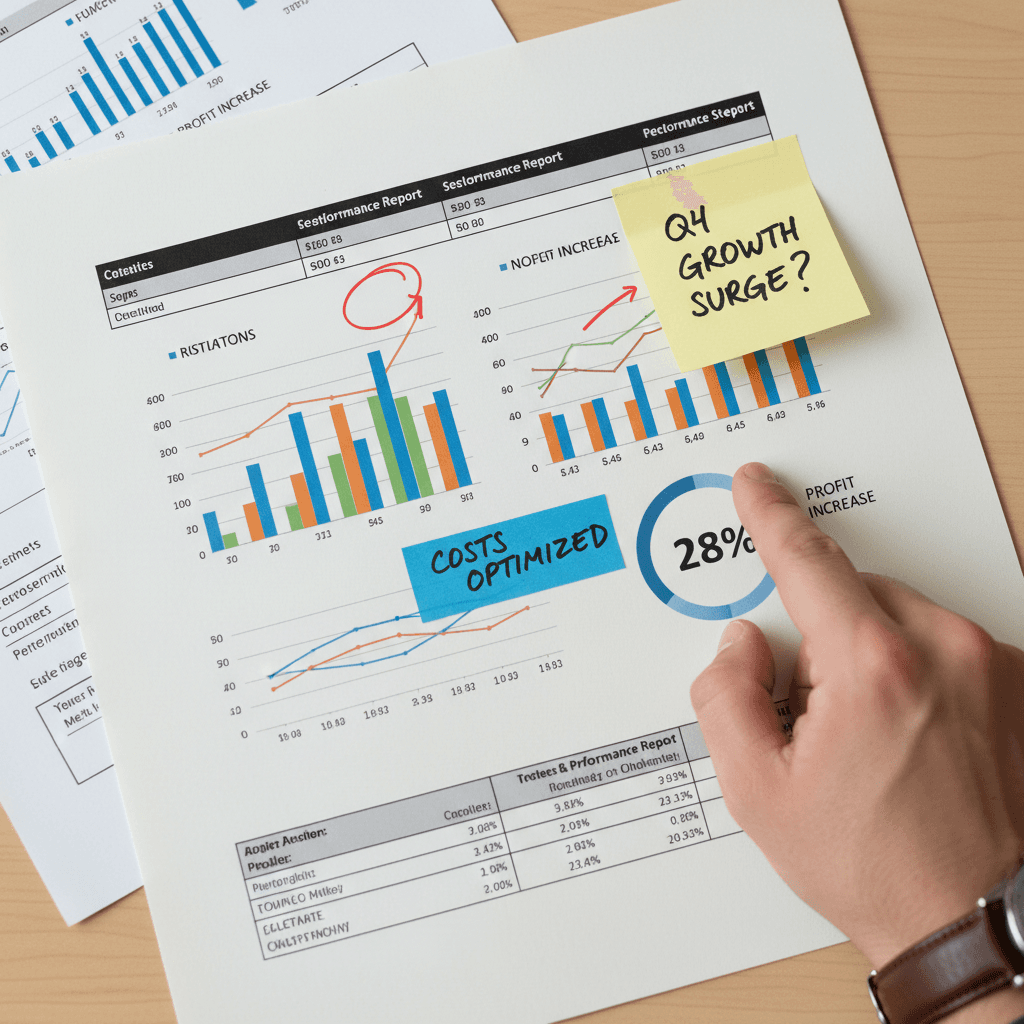 Close-up of printed analytics report with data tables, charts, and handwritten annotations and highlighter marks