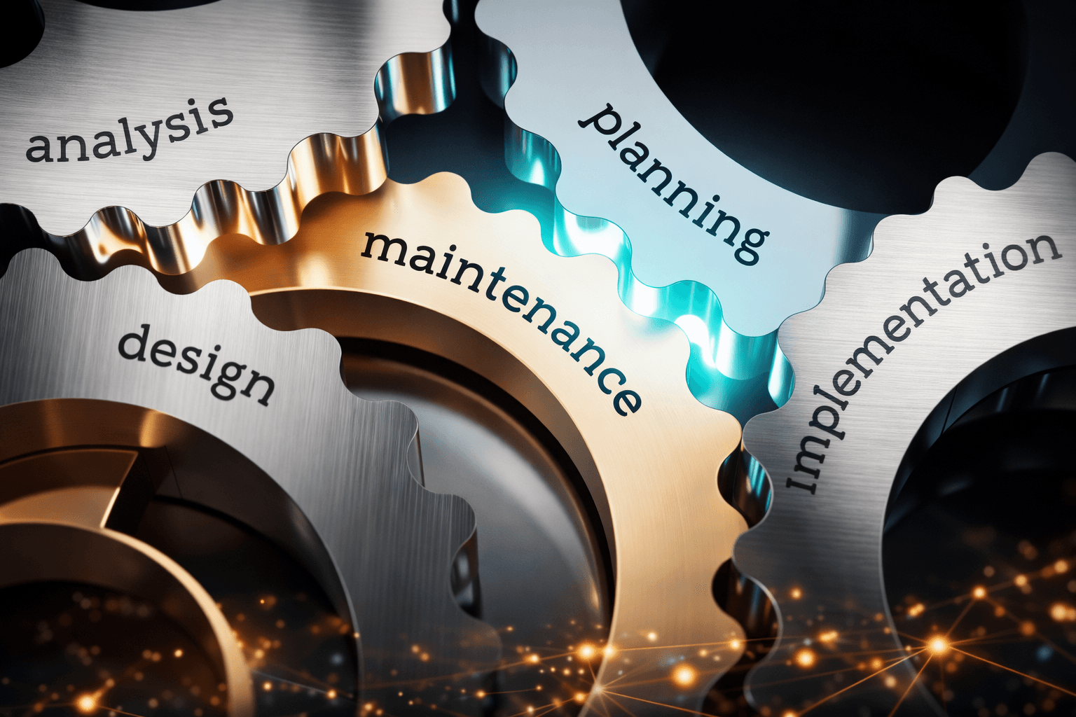 Interlocking metallic gears engraved with analysis, planning, maintenance, design, and implementation representing a system.