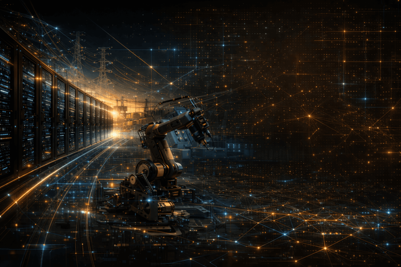 Robotic arm in a futuristic server room with glowing orange and blue digital networks.