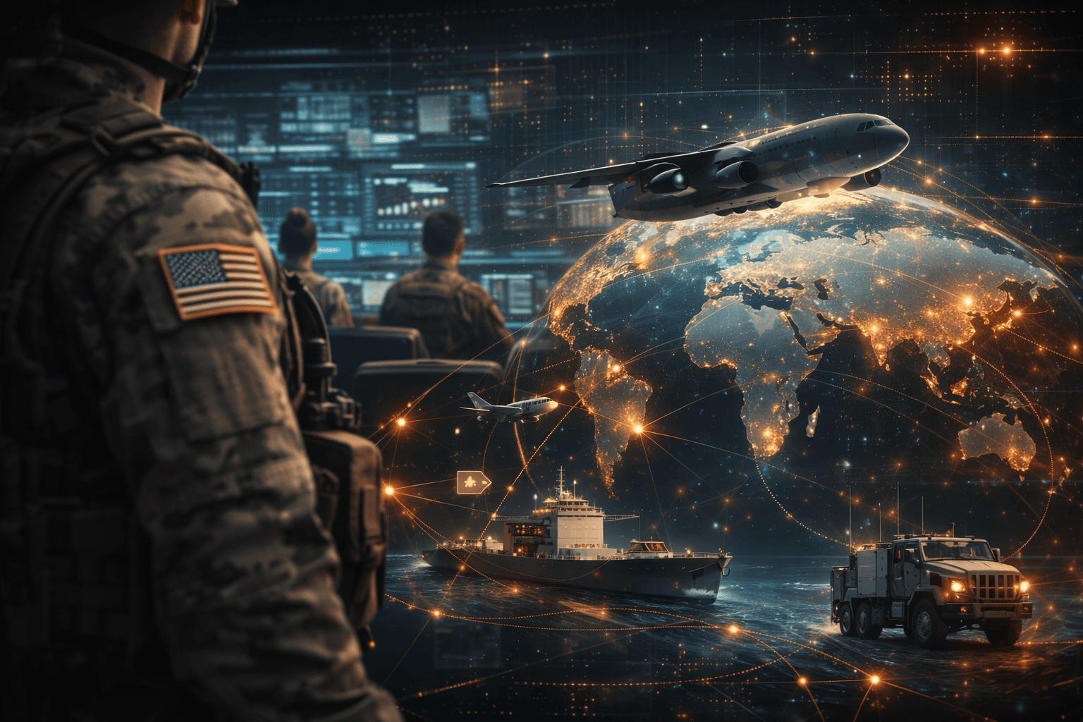 US soldier monitors a digital globe showing military aircraft, ships, and global logistics networks.