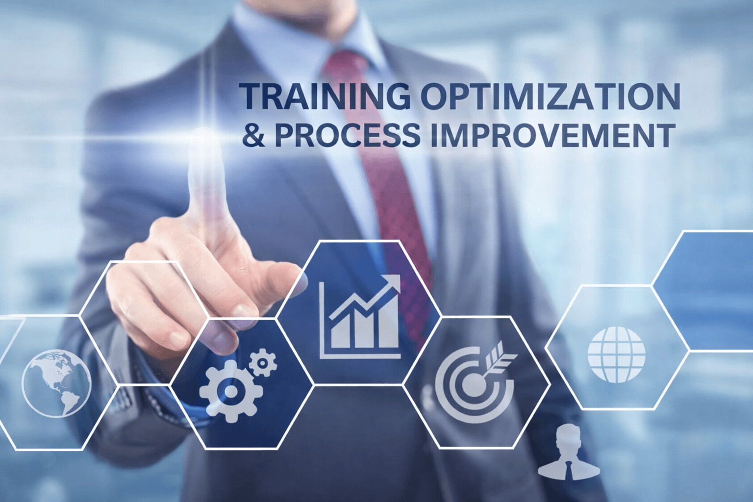 Businessman pointing at training optimization and process improvement text surrounded by digital business icons.