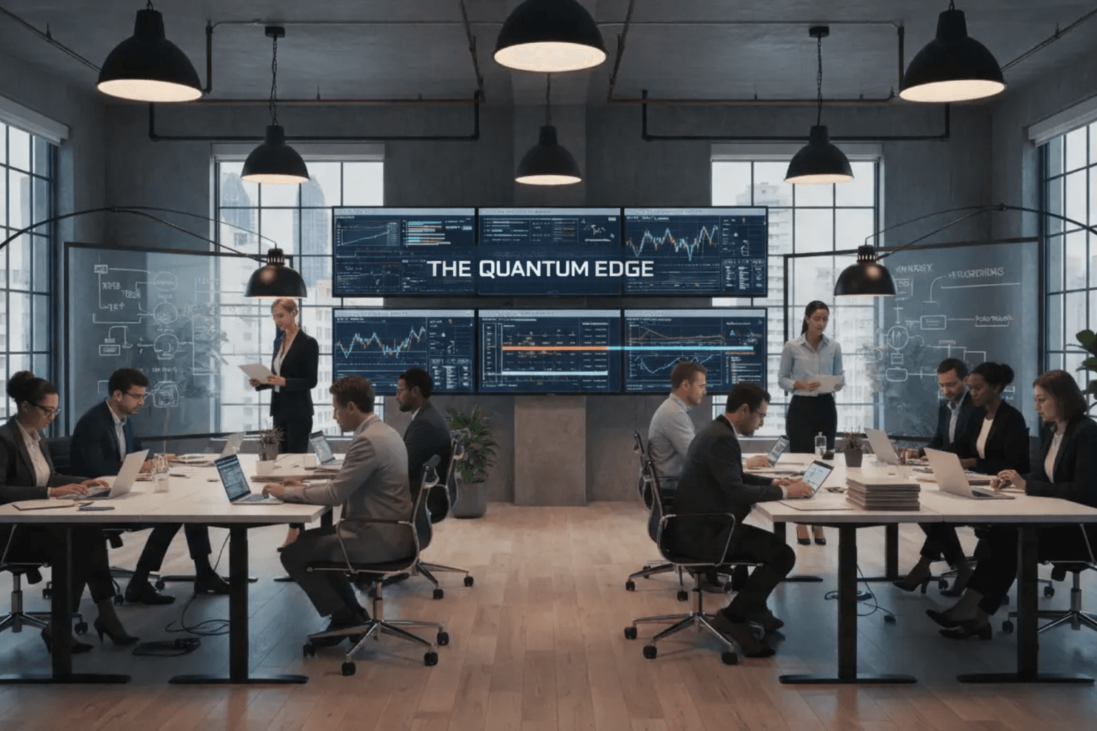 Professionals working on laptops in a high-tech office with "THE QUANTUM EDGE" data screens.