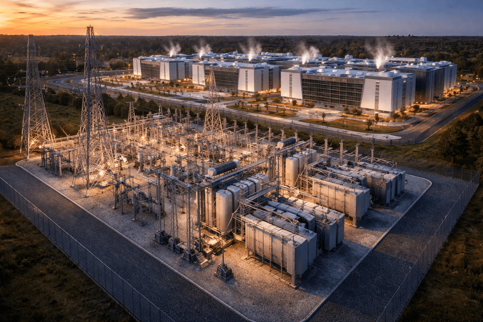 Illuminated electrical substation and industrial data center complex under a warm sunset sky.