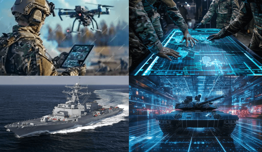 Collage of modern military technology including drones, digital tactical maps, a destroyer, and a tank.