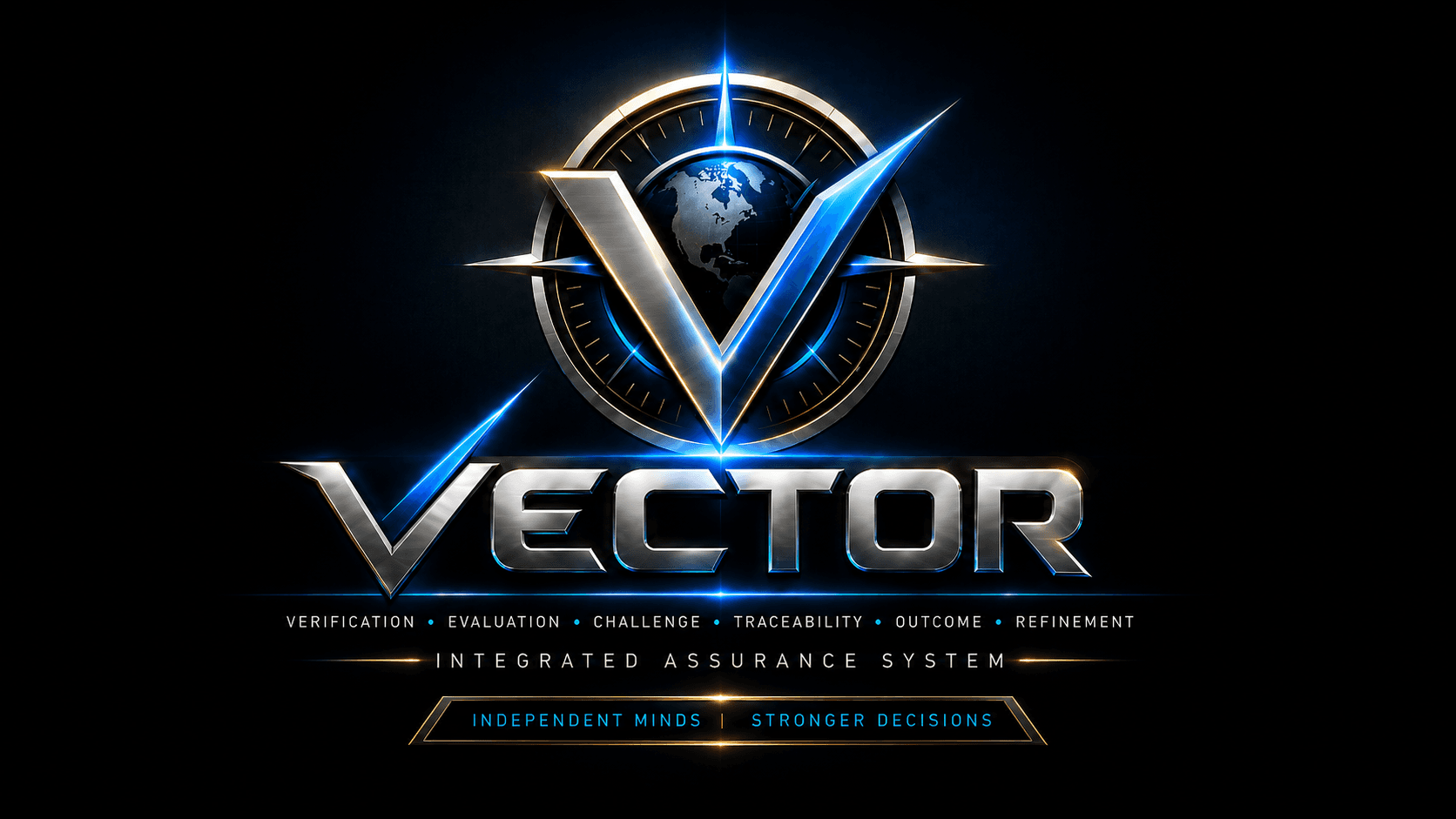 Metallic VECTOR logo featuring a glowing globe compass icon and Integrated Assurance System subtext.