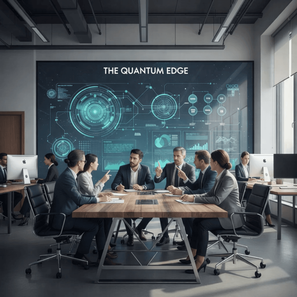 Professionals meeting in a boardroom with a large screen displaying futuristic quantum computing data.