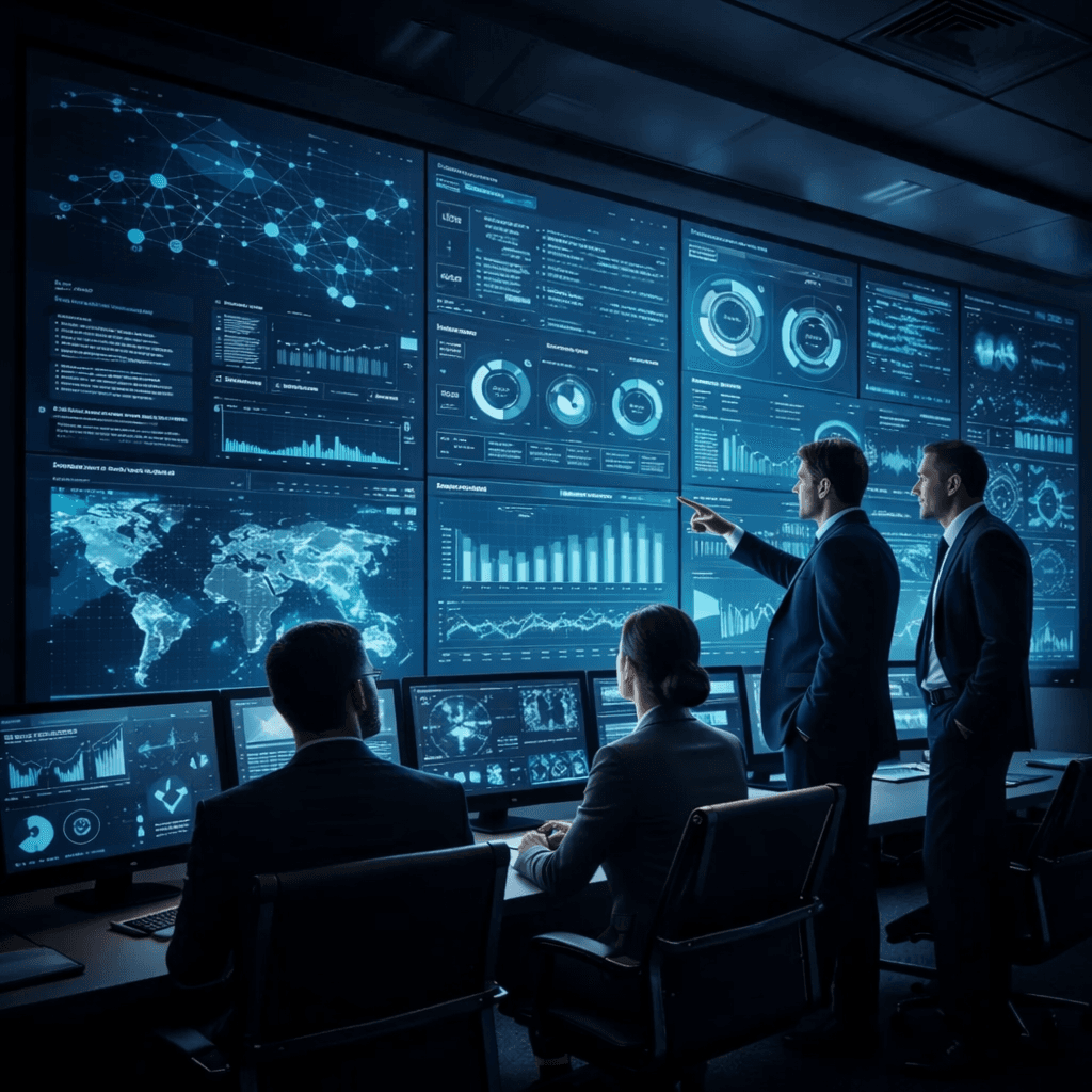 Professionals in suits analyze complex data and global maps on a massive digital screen wall.