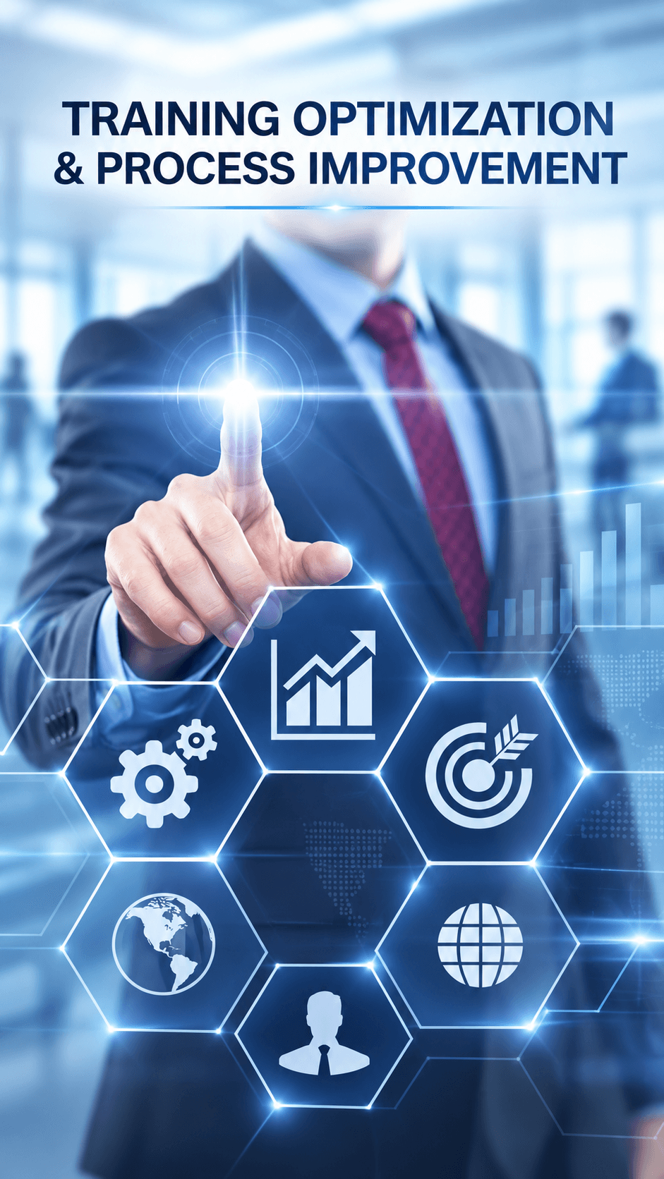 Professional pointing at a digital interface displaying training optimization and process improvement business icons.