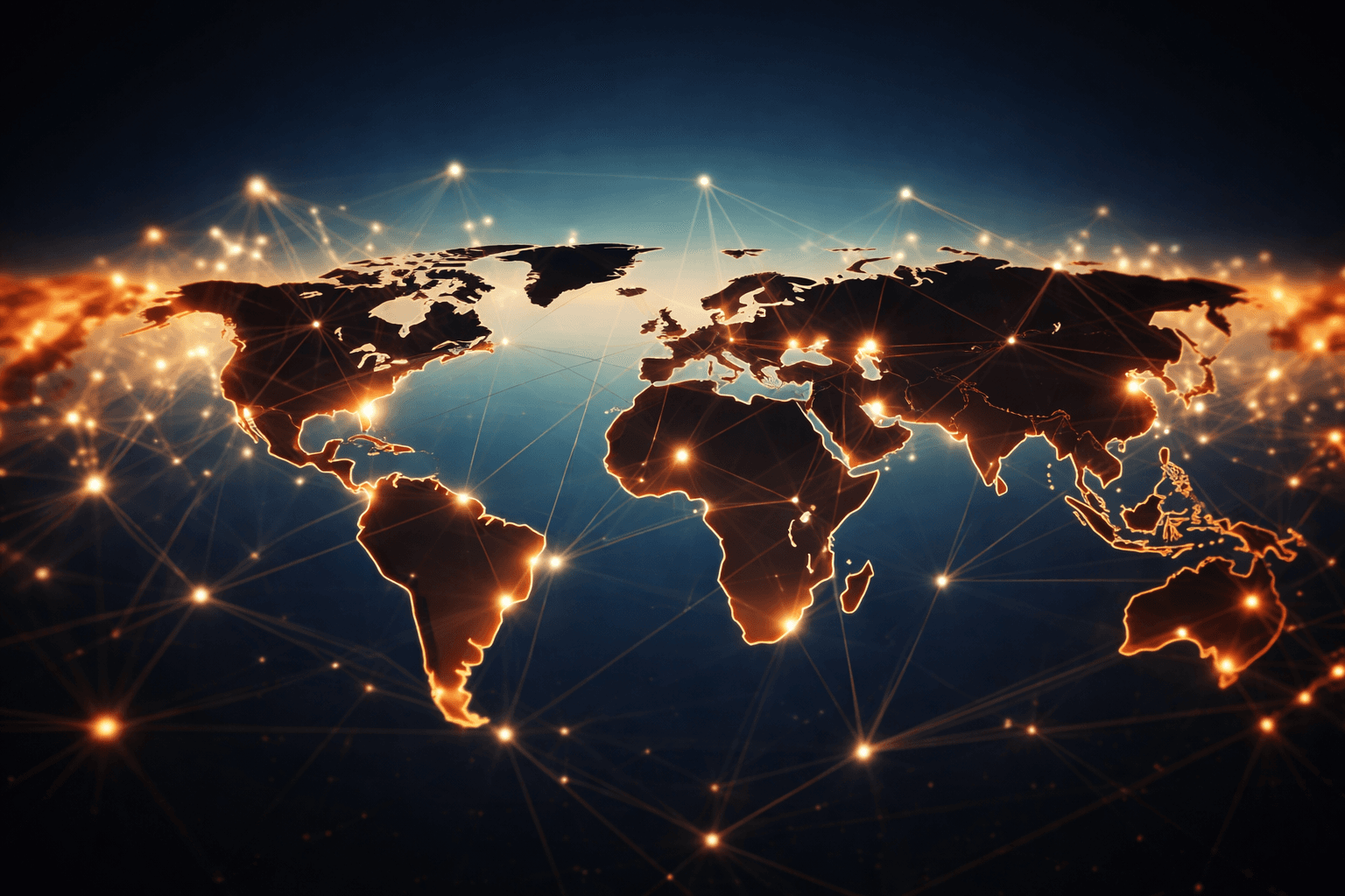 Global network visualization featuring a world map with glowing orange nodes and connecting lines.