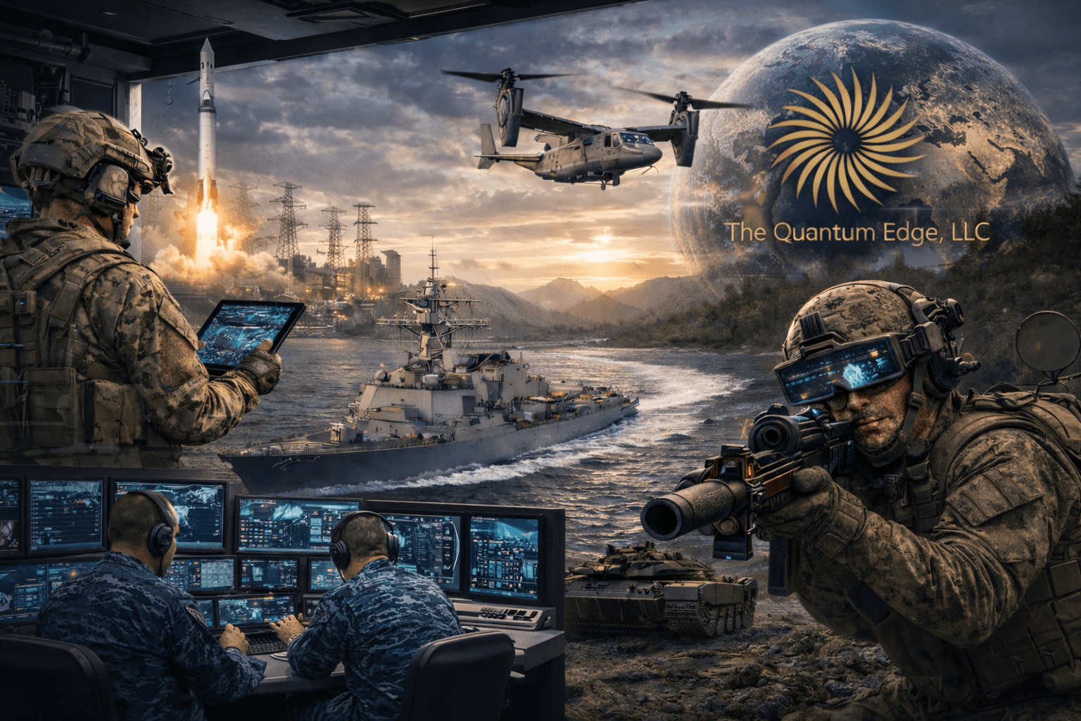 Soldiers, a naval ship, and aircraft integrated with high-tech command systems under a globe.