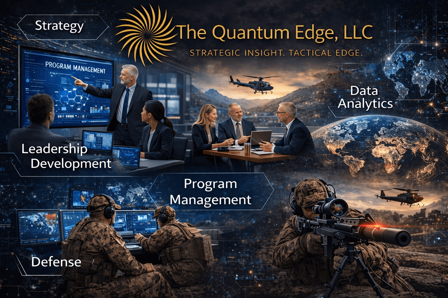 Collage featuring business professionals, military personnel, and global data maps representing strategic defense services.